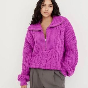 For Love And Lemons Andi Zip Neck Cable Knit Quarter Zip Sweater, Fuchsia, XL